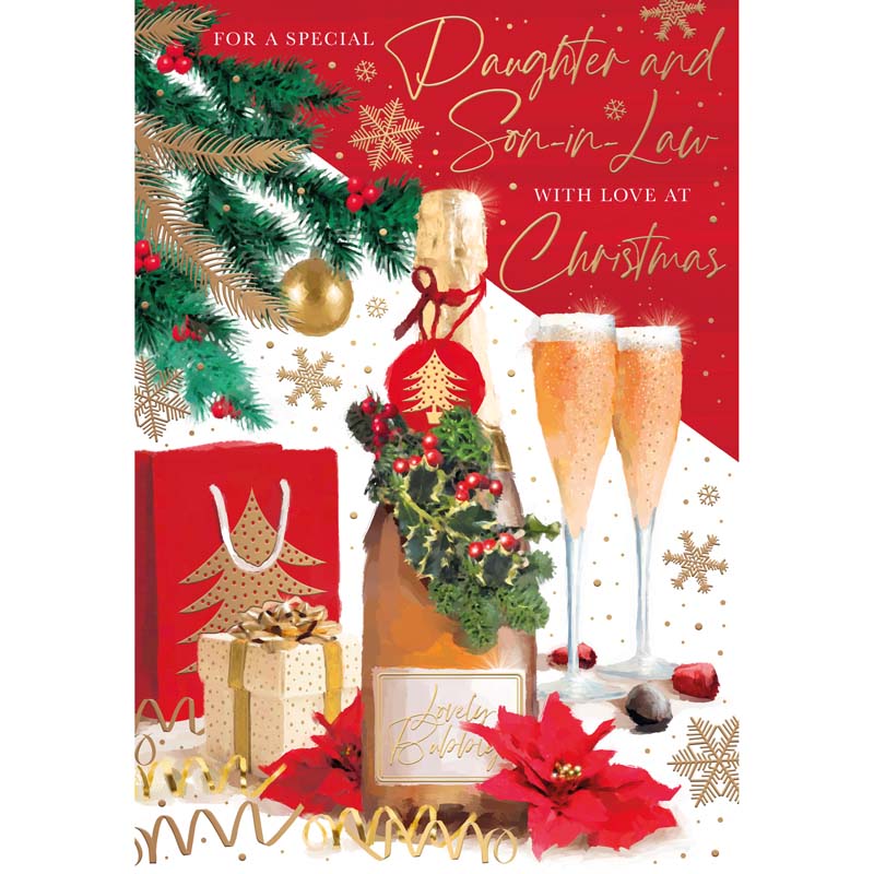 Words N Wishes Champagne Bottle with Two Glasses & Presents Christmas Card image 0