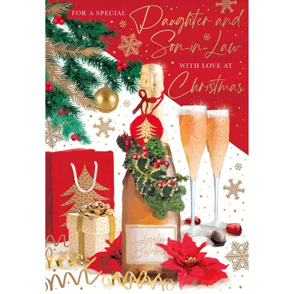 Words N Wishes Champagne Bottle with Two Glasses & Presents Christmas Card image 0