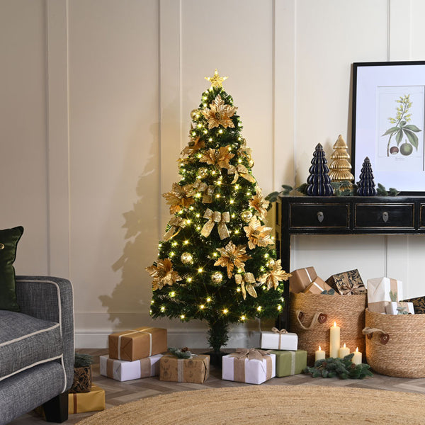 Festive Gold Poinsettia Fibre Optic Christmas Tree - 4ft