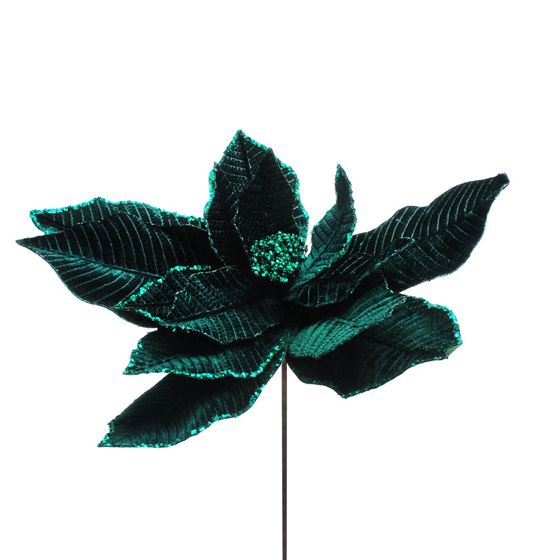 Festive Green Glitter Poinsettia Stem (90cm)