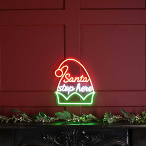 Festive Santa Stop Here Elf Hat Neon Sign