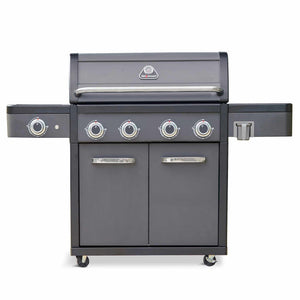 Grillstream Legacy 4 Burner Hybrid BBQ with side burners and two lower storage cabinets, shown against a plain white background.