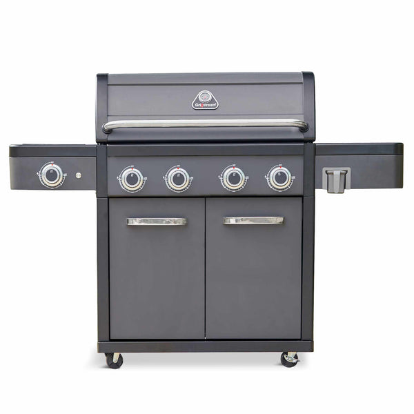 Grillstream Legacy 4 Burner Hybrid BBQ with side burners and two lower storage cabinets, shown against a plain white background.