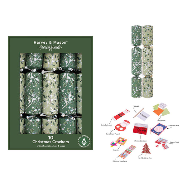 Harvey & Mason 10 Green Mistletoe Crackers
