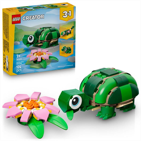 Lego Creator 3 In 1 Turtle with a Water Lily Flower 31377 Product and Box