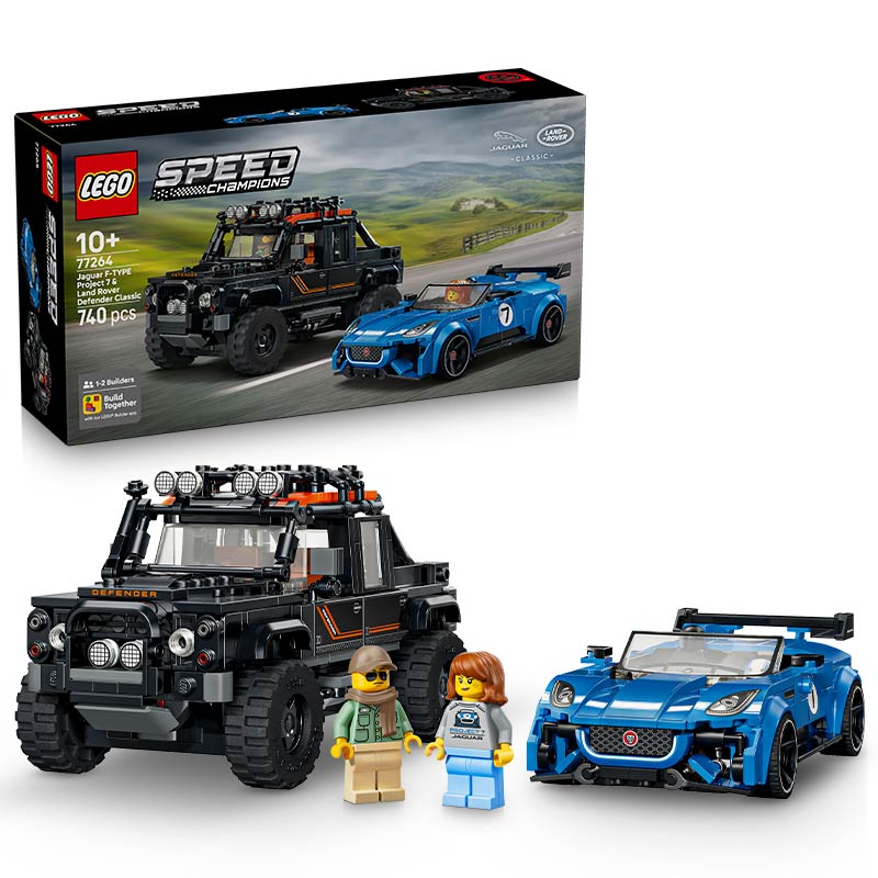 Lego Speed Champions Jaguar Project 7 And Land Rover Defender 77264 Box and Product