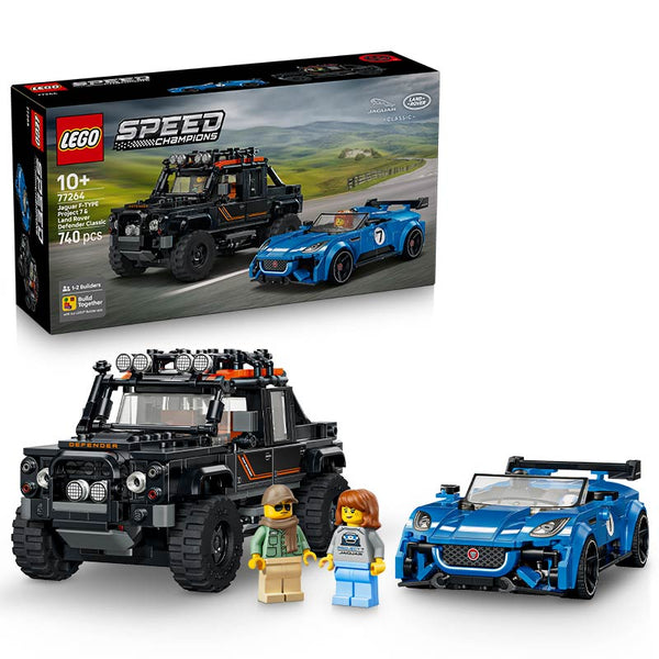 Lego Speed Champions Jaguar Project 7 And Land Rover Defender 77264 Box and Product