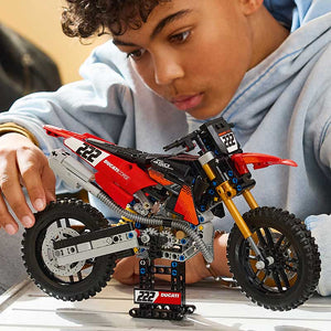 Lego Technic Ducati Desmo450 Mx Factory Motorcycle 42238 Lifestyle with Boy