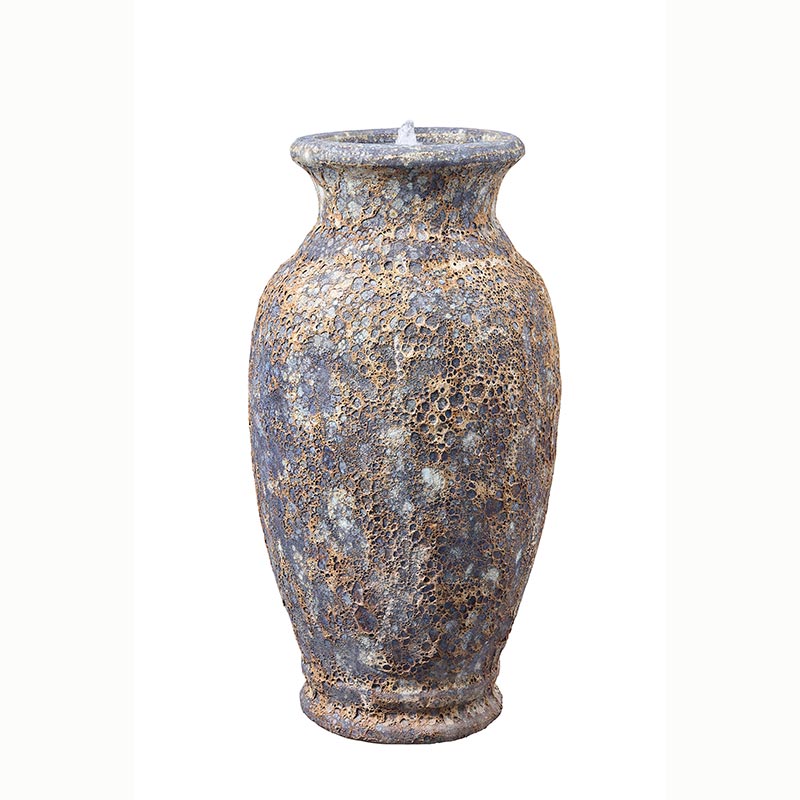 A rustic Altico Milani Rustic Grey ceramic water feature that has a heat-treated aged and textured appearance with mottled gray, brown, and beige tones, shown against a plain white background.