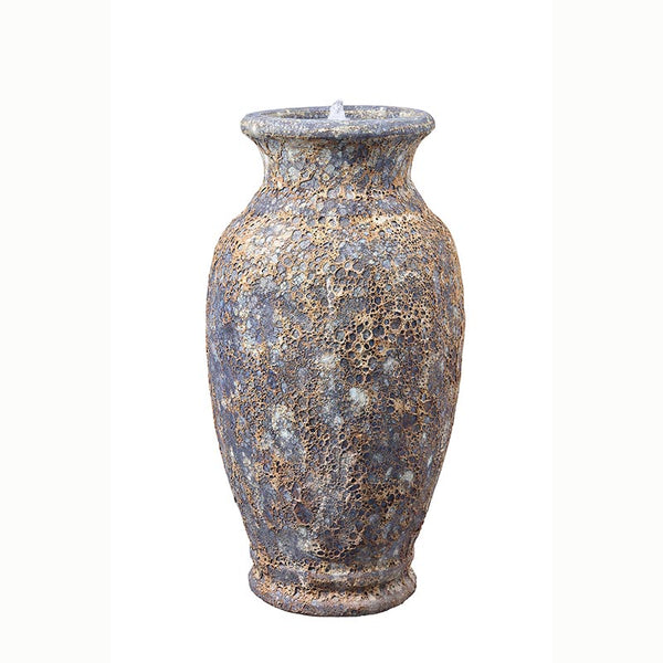 A rustic Altico Milani Rustic Grey ceramic water feature that has a heat-treated aged and textured appearance with mottled gray, brown, and beige tones, shown against a plain white background.