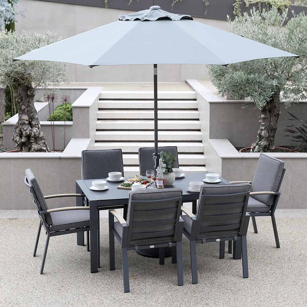 Supremo Modena 6 Seat Dining Set with Rectangular Table, 3m Parasol & Base