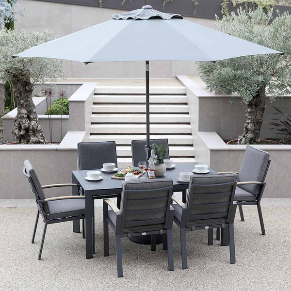 Supremo Modena 6 Seat Dining Set with Rectangular Table, 3m Parasol & Base