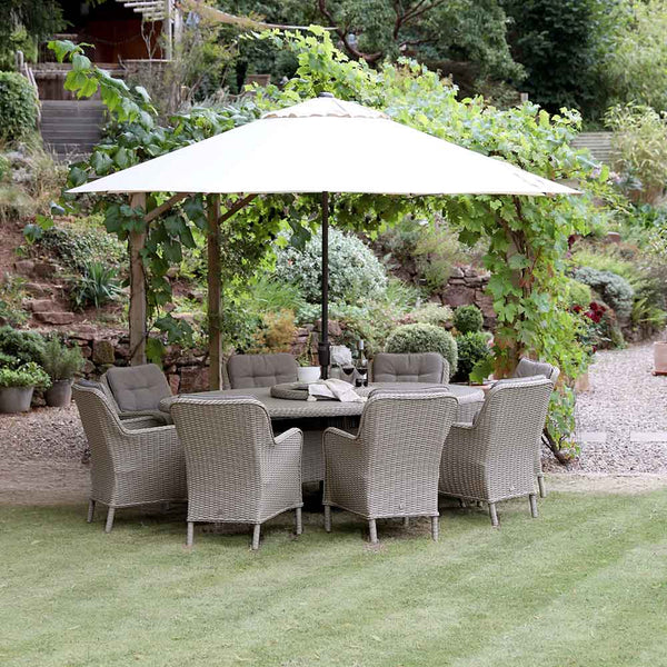 Orchard Life Victoria 8 Seat Dining Set with Oval Table, Lazy Susan, 3.5m Parasol & Base