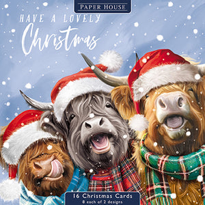 Paper House Happy Christmas Highland Cows Cards (Pack of 16)