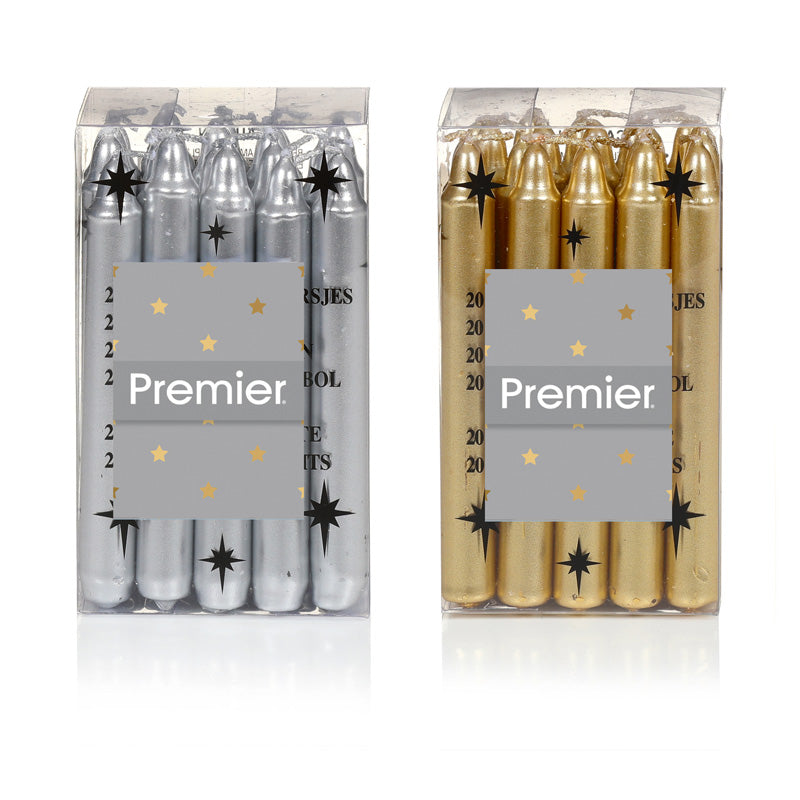 Premier Mini Gold OR Silver Candles - Pack of 20 (Assorted Designs)