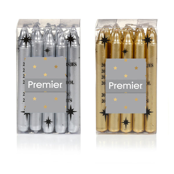 Premier Mini Gold OR Silver Candles - Pack of 20 (Assorted Designs)