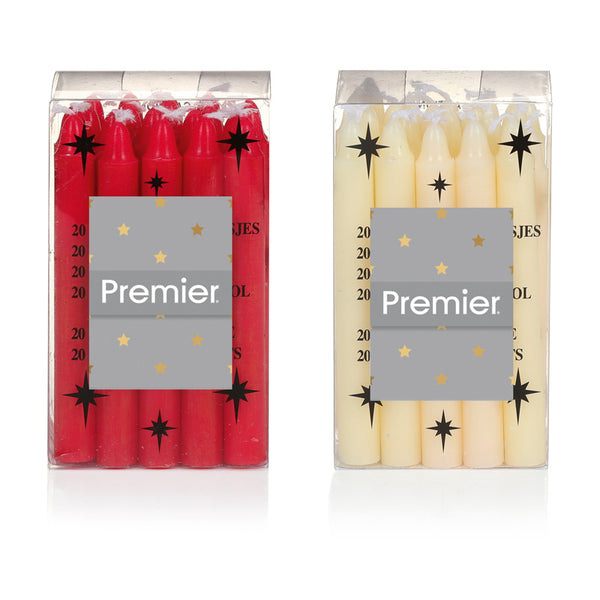 Premier Mini Red OR Ivory Candles - Pack of 20 (Assorted Designs)