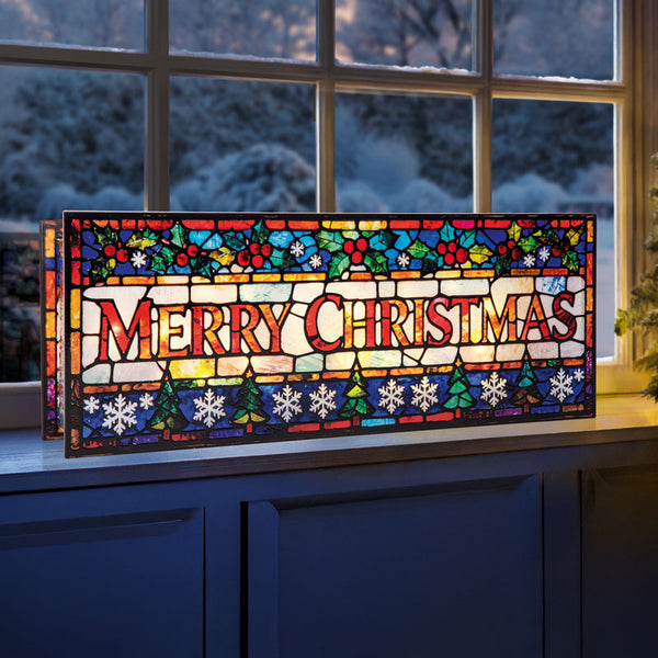 Premier Stained Glass Lit Decoration - Merry Christmas
