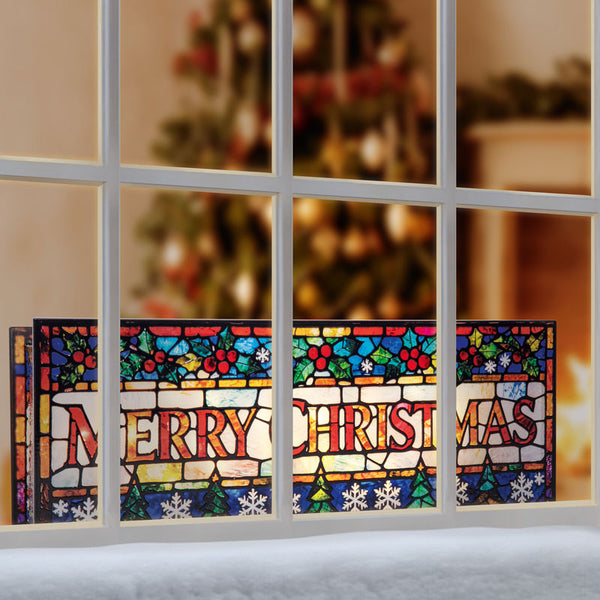 Premier Stained Glass Lit Decoration - Merry Christmas