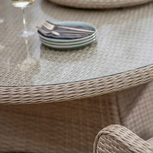 Bramblecrest Somerford 8 Seat Garden Dining Set in Sandstone with Elliptical Table, 2 Reclining Chairs, Lazy Susan, 3m Parasol &amp; 15kg Base