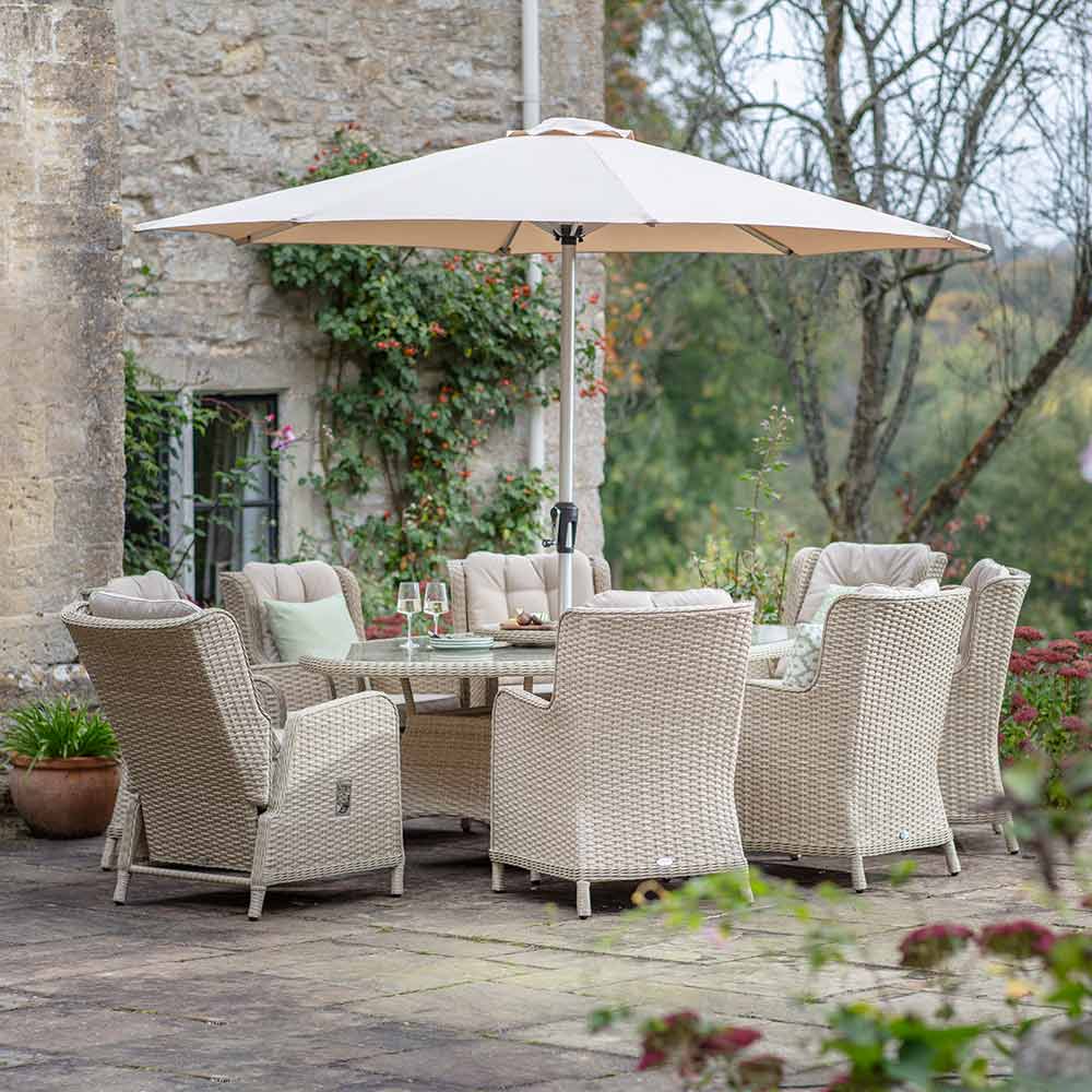 Bramblecrest Somerford 8 Seat Garden Dining Set in Sandstone with Elliptical Table, 2 Reclining Chairs, Lazy Susan, 3m Parasol &amp; 15kg Base