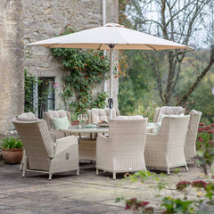 Bramblecrest Somerford 8 Seat Garden Dining Set in Sandstone with Elliptical Table, 2 Reclining Chairs, Lazy Susan, 3m Parasol &amp; 15kg Base
