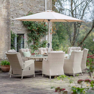 Bramblecrest Somerford 8 Seat Garden Dining Set in Sandstone with Elliptical Table, 2 Reclining Chairs, Lazy Susan, 3m Parasol &amp; 15kg Base
