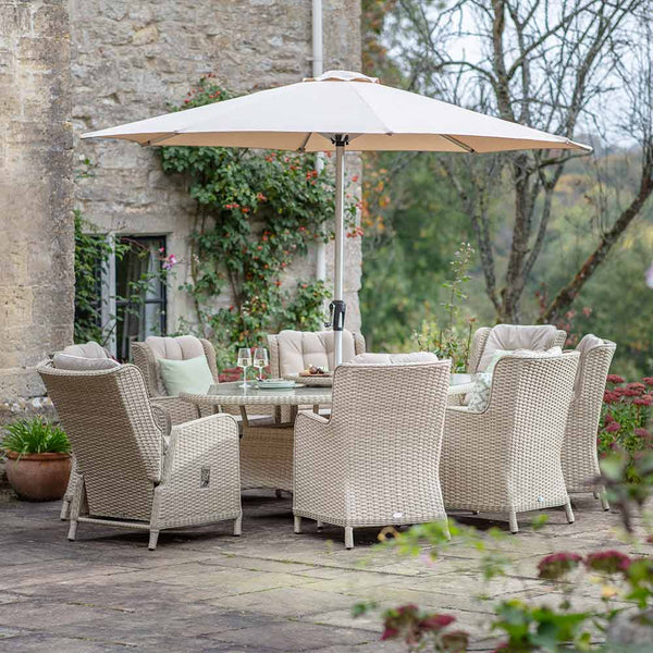 Bramblecrest Somerford 8 Seat Garden Dining Set in Sandstone with Elliptical Table, 2 Reclining Chairs, Lazy Susan, 3m Parasol &amp; 15kg Base