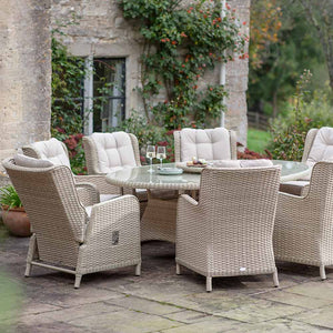 Bramblecrest Somerford 8 Seat Garden Dining Set in Sandstone with Elliptical Table, 2 Reclining Chairs, Lazy Susan, 3m Parasol &amp; 15kg Base