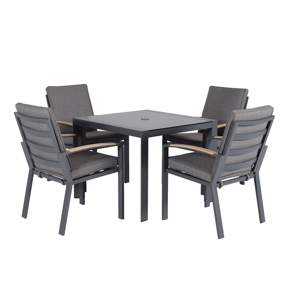 Supremo Modena 4 Seat Dining Set with 90cm Square Table, 2.5m Parasol & Base