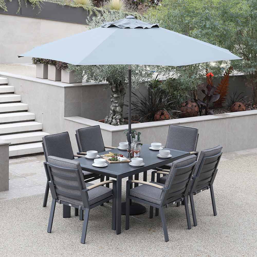 Supremo Modena 6 Seat Dining Set with Rectangular Table, 3m Parasol & Base
