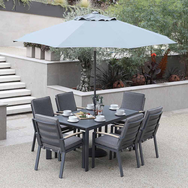 Supremo Modena 6 Seat Dining Set with Rectangular Table, 3m Parasol & Base