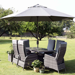 Supremo Tivoli 6 Seat Reclining Dining Set with Rectangular Table, 3m Parasol & Base