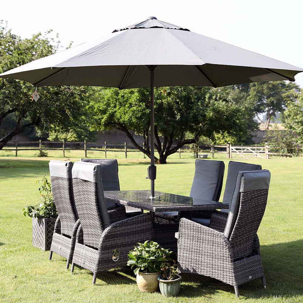 Supremo Tivoli 6 Seat Reclining Dining Set with Rectangular Table, 3m Parasol & Base