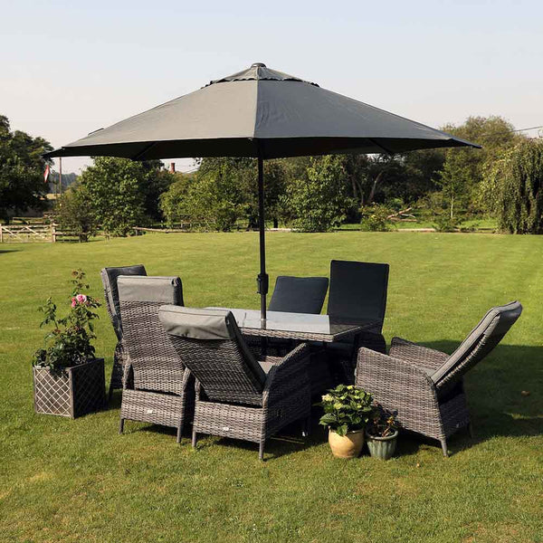 Supremo Tivoli 6 Seat Reclining Dining Set with Rectangular Table, 3m Parasol & Base