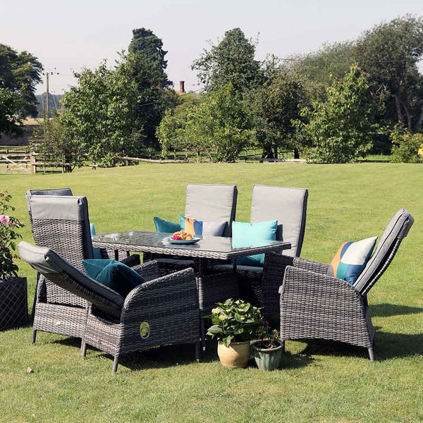 Supremo Tivoli 6 Seat Reclining Dining Set with Rectangular Table, 3m Parasol & Base