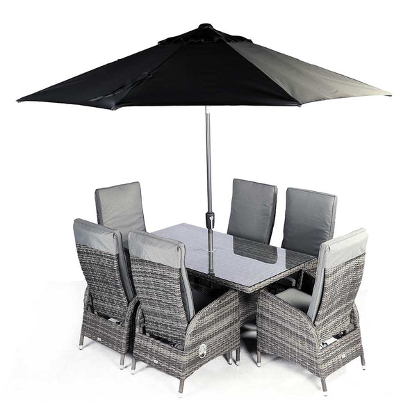 Supremo Tivoli 6 Seat Reclining Dining Set with Rectangular Table, 3m Parasol & Base