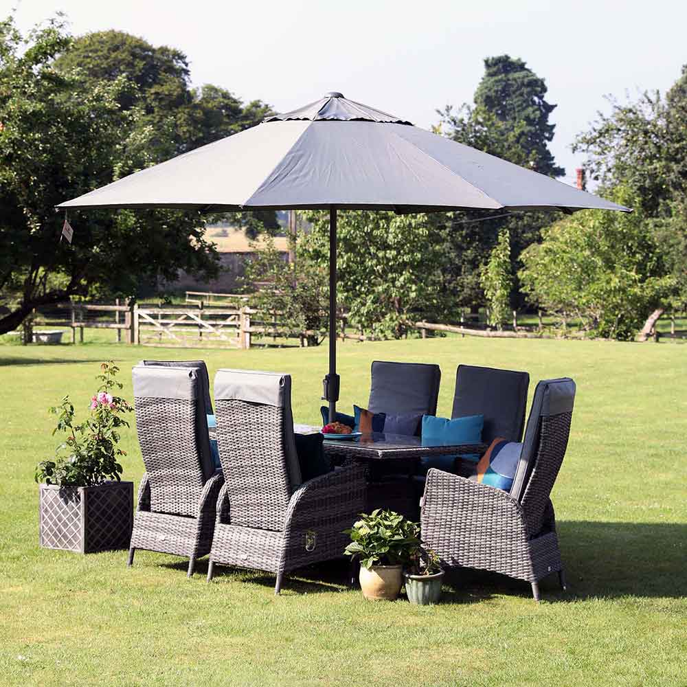 Supremo Tivoli 6 Seat Reclining Dining Set with Rectangular Table, 3m Parasol & Base
