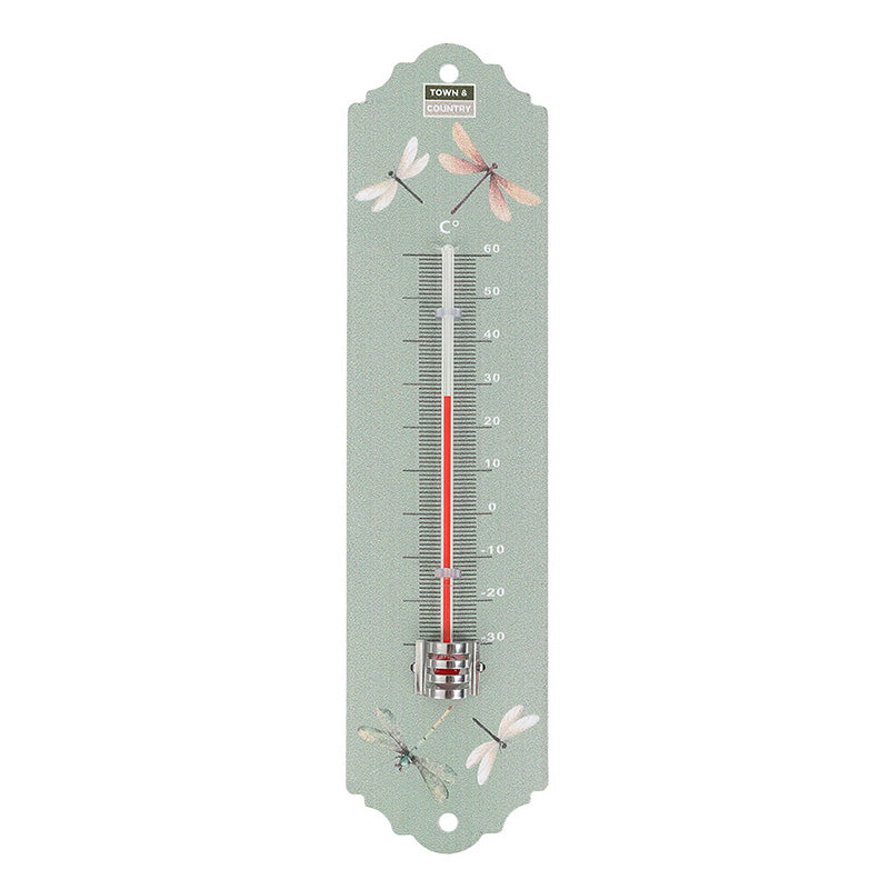 A Town & Country garden wall thermometer with a pale mint green background and dragonfly illustrations.