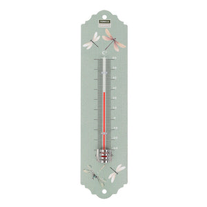 A Town & Country mint green garden wall thermometer with dragonfly designs.