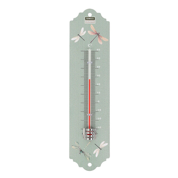 A Town & Country mint green garden wall thermometer with dragonfly designs.