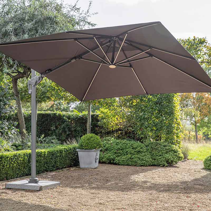 Bramblecrest Truro 3 x 3 m Square Cantilever Parasol in Grey with LED, Granite Base & Cover