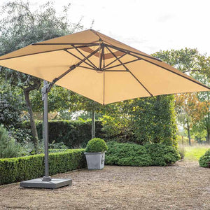 Bramblecrest Truro 3 x 3m Square Cantilever Parasol in Sand with LED, Granite Base & Cover