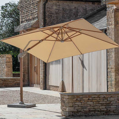 Bramblecrest Truro 3 x 3m Square Cantilever Wood Effect Parasol in Sand with LED, Granite Base & Cover