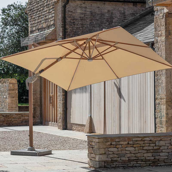 Bramblecrest Truro 3 x 3m Square Cantilever Wood Effect Parasol in Sand with LED, Granite Base & Cover