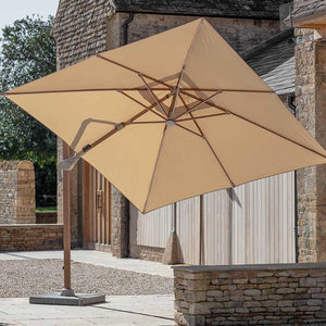 Bramblecrest Truro 3 x 3m Square Cantilever Wood Effect Parasol in Sand with LED, Granite Base & Cover