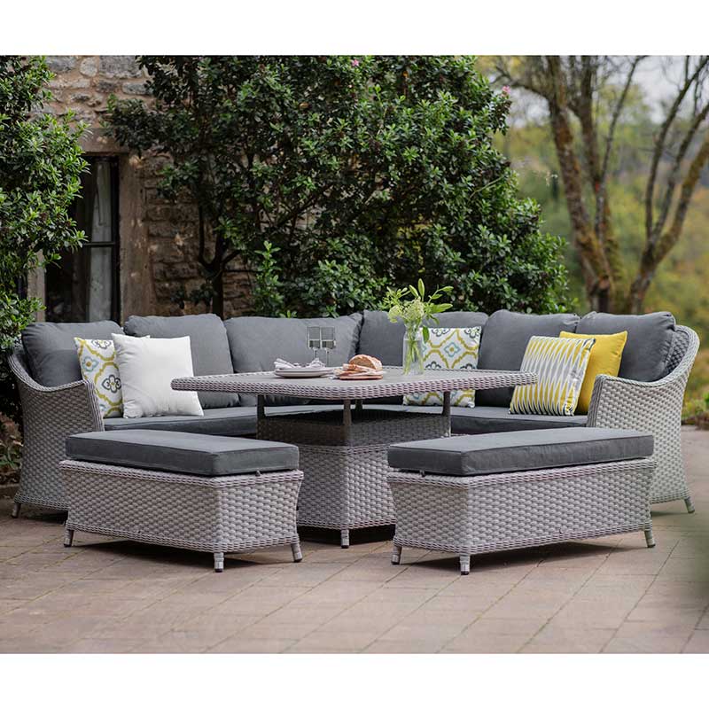 Bramblecrest Wentworth Curved Modular Corner Sofa Set in Pewter with Square Dual Height Table & 2 Benches