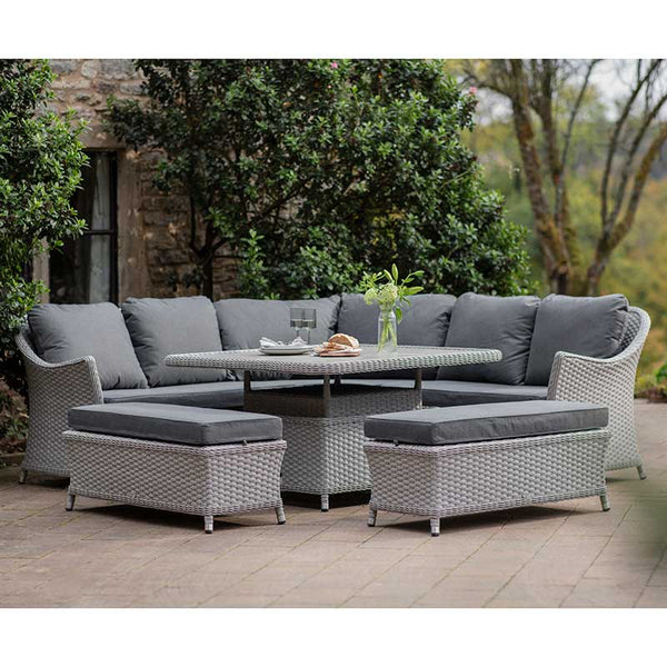 Bramblecrest Wentworth Curved Modular Corner Sofa Set in Pewter with Square Dual Height Table & 2 Benches