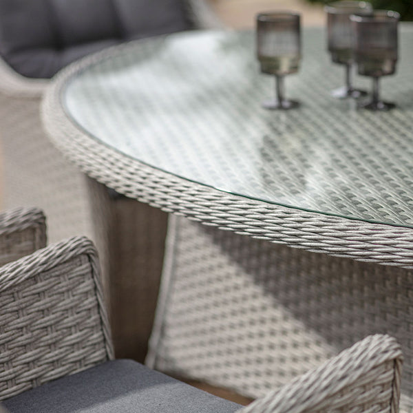 Bramblecrest Wentworth 6 Seat Garden Dining Set in Pewter Rattan with Elliptical Table, 3m Crank Parasol & 15kg Base