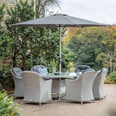 Bramblecrest Wentworth 6 Seat Garden Dining Set in Pewter Rattan with Elliptical Table, 3m Crank Parasol & 15kg Base